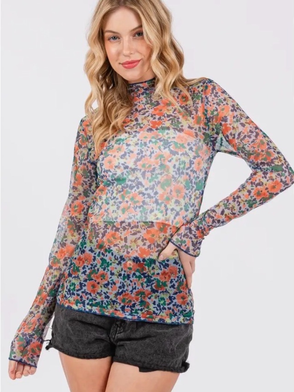 Sage + Fig Vintage-Inspired Orange & Blue Sheer Mesh Top - Picture 4 of 6